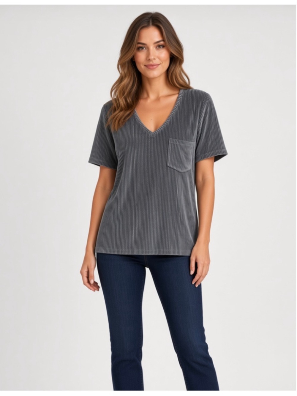 POL Gray Crushed Velvet Short Sleeve V-Neck Pocket Top Tee Small S HWT139